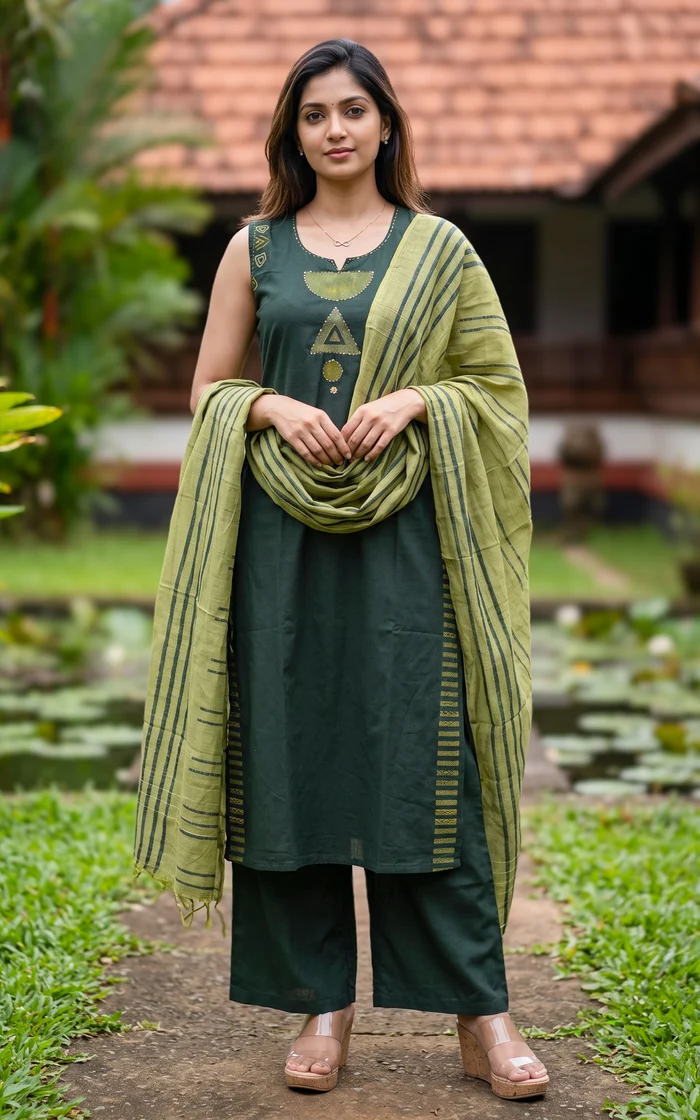 Bottle Green Handblock Straight Cut Kurti with Thread and Mirror Embroidery